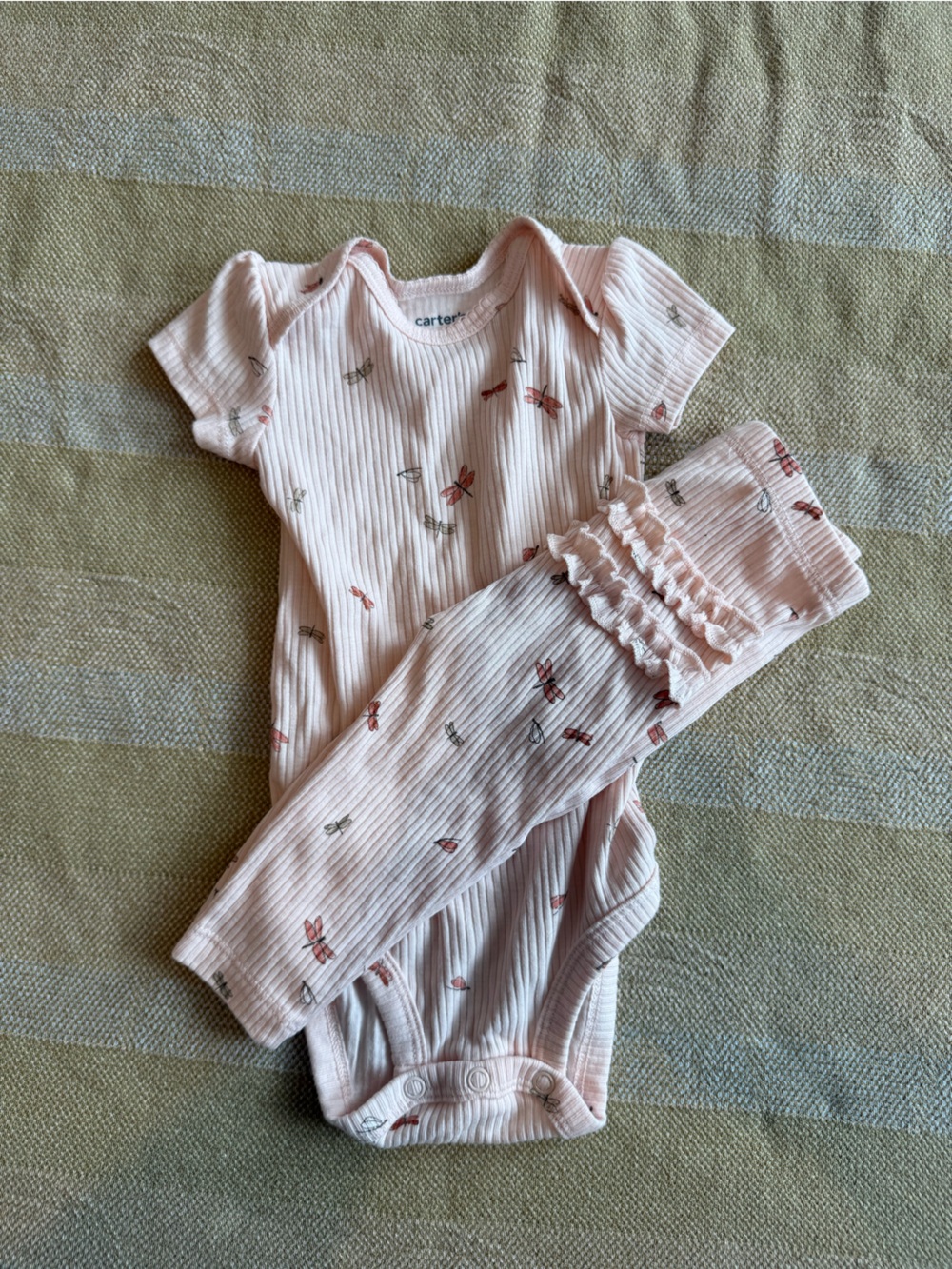 Carter's Pink Ribbed Dragonfly One-Piece with Ruffle Pants 6m Set